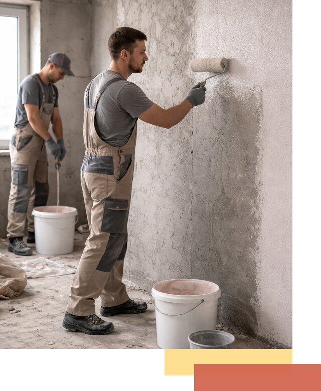 Нанесение бетоноконтакта на стены в щербинке для последующей отделки