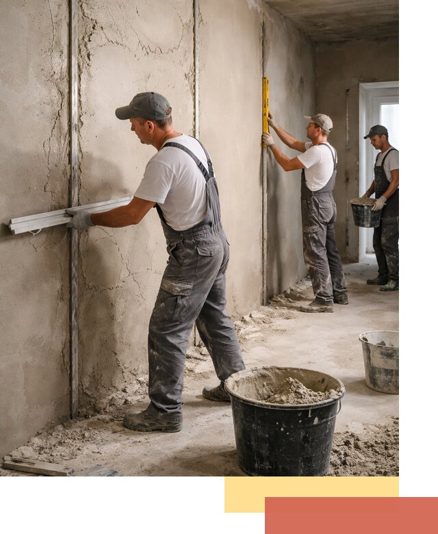 Штукатурка стен по маякам в щербинке — точная и ровная поверхность