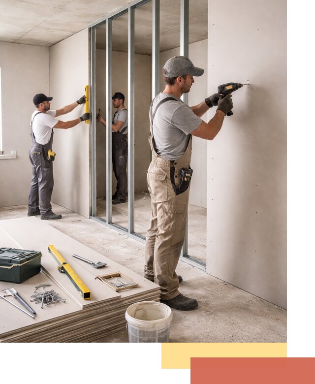 Однослойная перегородка из гипсокартона в щербинке под ключ, монтаж и отделка