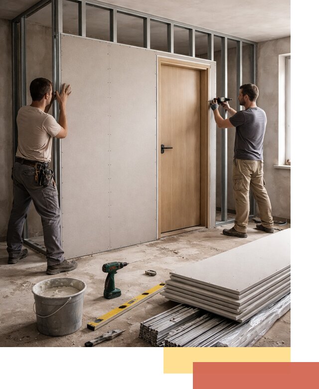 Перегородка из гипсокартона с дверью под ключ в щербинке