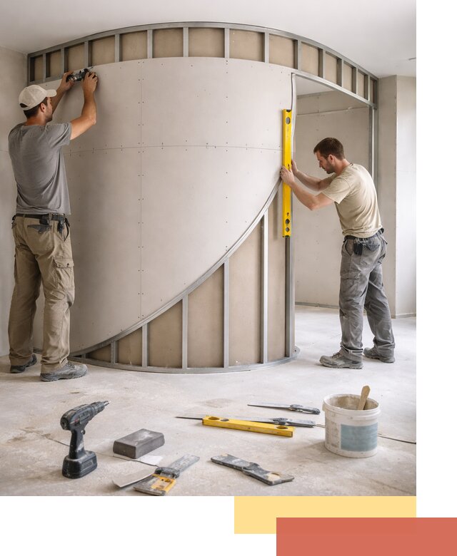 Радиусная перегородка из гипсокартона в щербинке под ключ