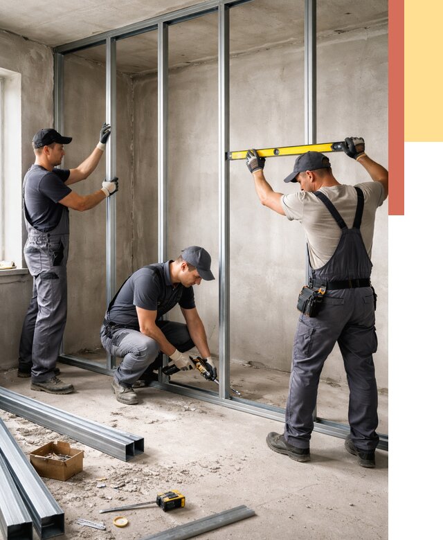 Монтаж каркаса перегородки из профиля в щербинке от 764 руб. | ОТДЕЛОЧНИК-Щрб