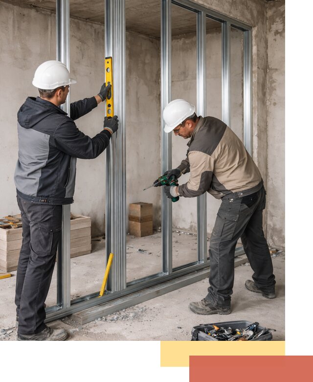 Монтаж каркаса перегородки из профиля в щербинке