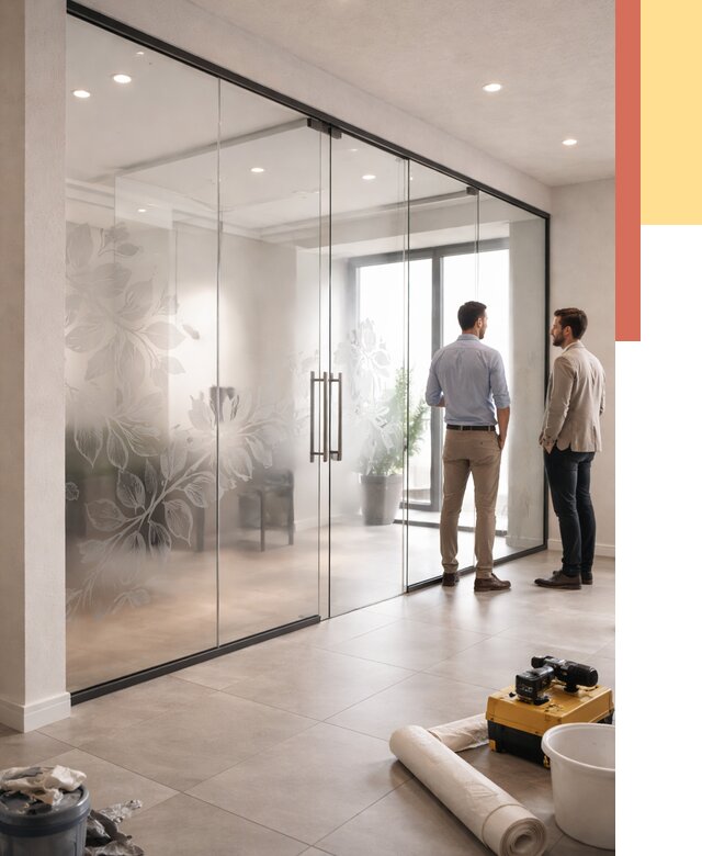 Стеклянные перегородки с рисунком в щербинке от 12728 руб. монтаж и нанесение | ОТДЕЛОЧНИК-Щрб