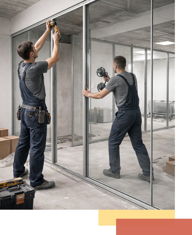 Алюминиевые перегородки со стеклом в щербинке — изготовление и монтаж