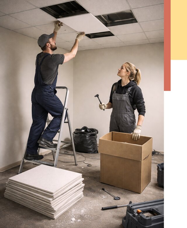 Демонтаж потолочной плитки в щербинке от 4582 руб. быстро и недорого | ОТДЕЛОЧНИК-Щрб