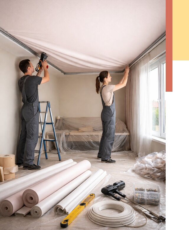 Монтаж цветного натяжного потолка в щербинке от 4276 руб/м² — быстро и недорого | ОТДЕЛОЧНИК-Щрб