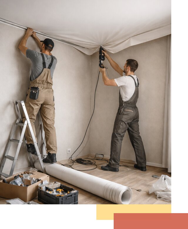 Монтаж цветного натяжного потолка в щербинке за один день