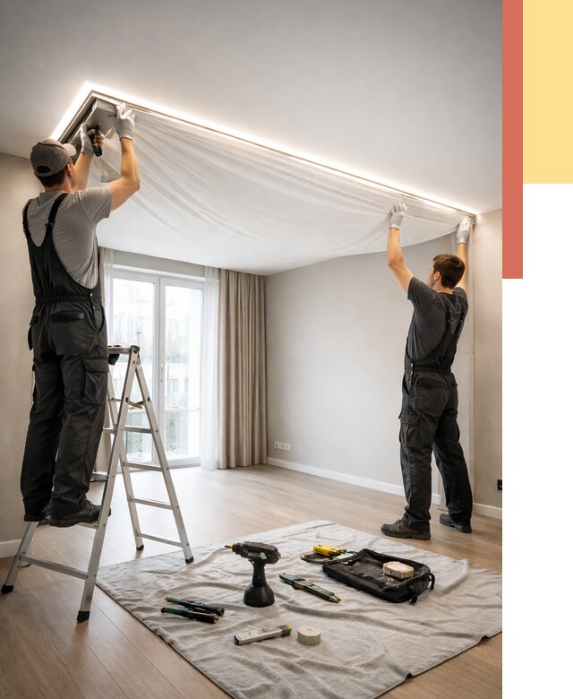 Монтаж парящего натяжного потолка в щербинке от 4582 руб. быстро и недорого | ОТДЕЛОЧНИК-Щрб