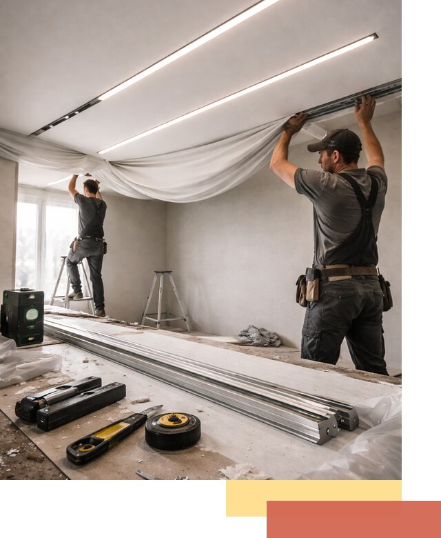 Монтаж натяжных потолков со световыми линиями в щербинке