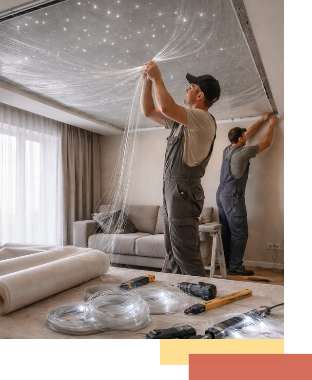 Монтаж натяжного потолка «Звездное небо» в щербинке