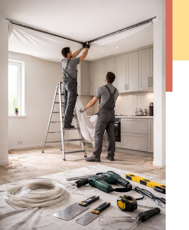 Установка натяжного потолка на кухне в щербинке от 2444 руб. | ОТДЕЛОЧНИК-Щрб