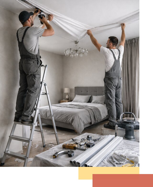 Монтаж натяжного потолка в спальне в щербинке