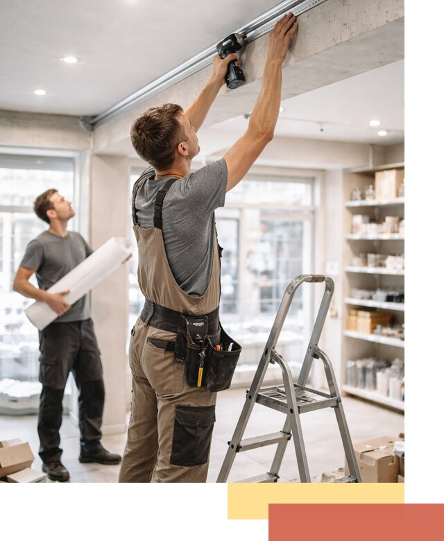 Монтаж натяжных потолков в магазине в щербинке