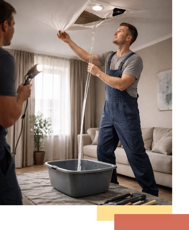 Слив воды с натяжного потолка в щербинке быстро и аккуратно