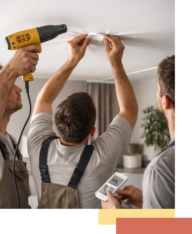 Ремонт прокола полотна натяжного потолка в щербинке