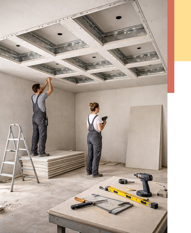 Кессонный потолок из гипсокартона в щербинке от 1884 руб. — монтаж и под ключ | ОТДЕЛОЧНИК-Щрб