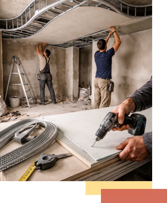 Криволинейный потолок из гипсокартона в щербинке — монтаж и отделка