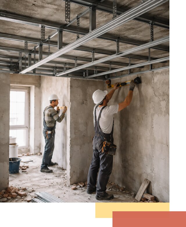 Монтаж каркаса потолка из профильного профиля в щербинке