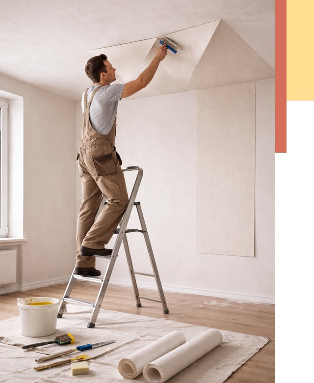 Поклейка обоев на потолок в щербинке от 4582 руб. быстро и недорого | ОТДЕЛОЧНИК-Щрб